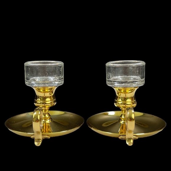 Brass Chamberstick Candle Holder‎ With Glass Inset By Baldwin Brass Set Of 2 - Picture 4 of 12